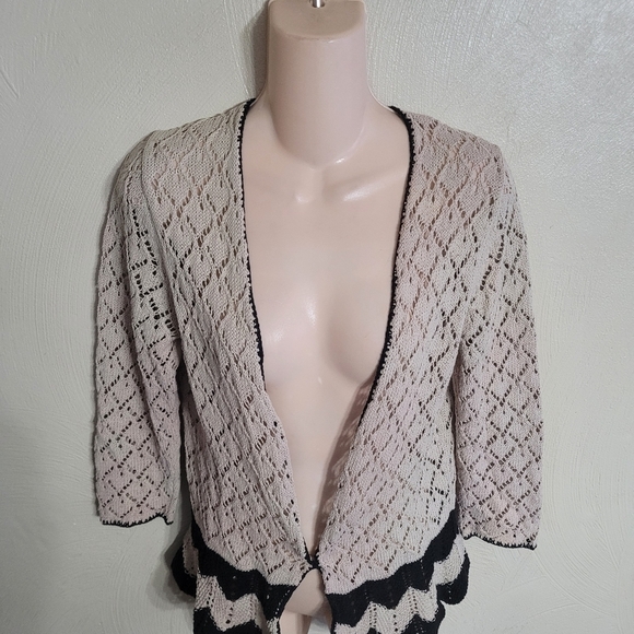 Ann Taylor LOFT Tan Black Crochet Open Front Cardigan Sweater Size Womens Small - Picture 4 of 8